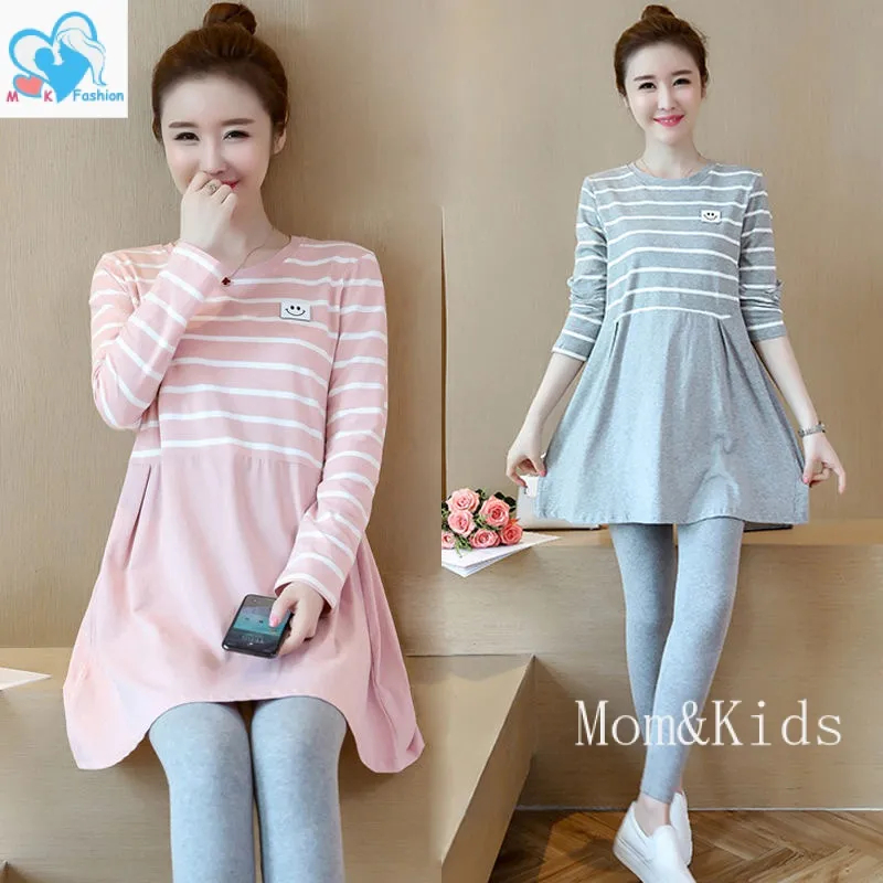 Mom & Kids M-3XL แขนยาว ฤดูใบไม้ผลิ ฤดูใบไม้ร่วง สวมใส่ด้านนอก ลายทาง ความยาวปานกลาง เสื้อคลุมท้อง หลวม ลําลอง ชุดคลุมท้อง อิทธิพล กระโปรงคนท้อง Seluar Mengandung