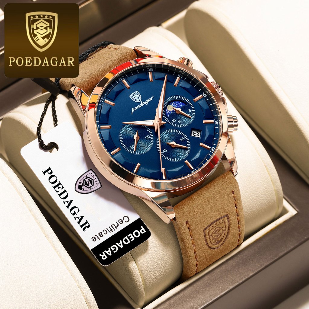 POEDAGAR นาฬิกาผู้ชาย กันน้ำ 100% แท้ ธุรกิจ กีฬา รับประกัน มัลติฟังก์ชั่น พร้อมกล่อง ดูเวลา ดูวันที่ เรืองแสง สายหนังกันน้ำ 928