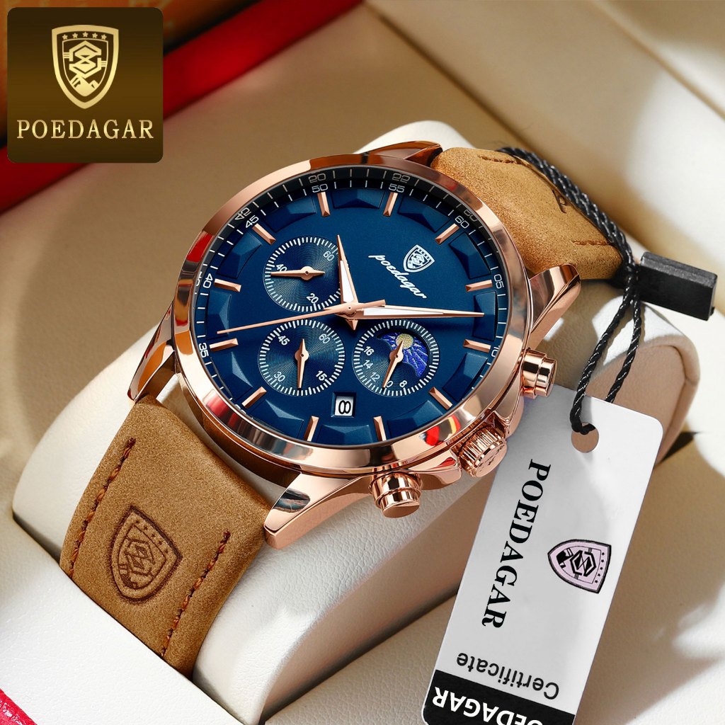 POEDAGAR นาฬิกาผู้ชาย กันน้ำ 100% แท้ ธุรกิจ กีฬา รับประกัน มัลติฟังก์ชั่น พร้อมกล่อง ดูเวลา ดูวันที่ เรืองแสง สายหนังกันน้ำ 928