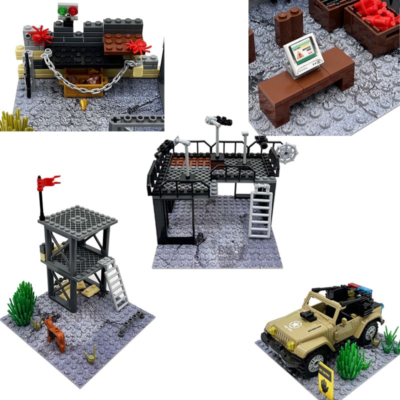 รั้วฐานทหาร MOC บล็อกตัวต่อทหาร อุปกรณ์ทหาร รถจอดรถ ฉากกล้องวงจรปิด สมบัติ ผจญภัย ถุงทรายสุนัข อิฐ 16x16 พิมพ์แผ่นฐานประกอบอิฐของเล่นเด็ก