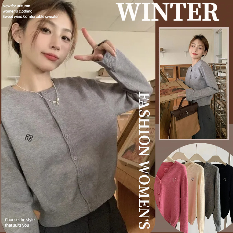 NZN เสื้อไหมพรมสั้นแจ็คเก็ตคาร์ดิแกนสีชมพูฤดูใบไม้ร่วงและฤดูหนาวเกาหลีด้านบน