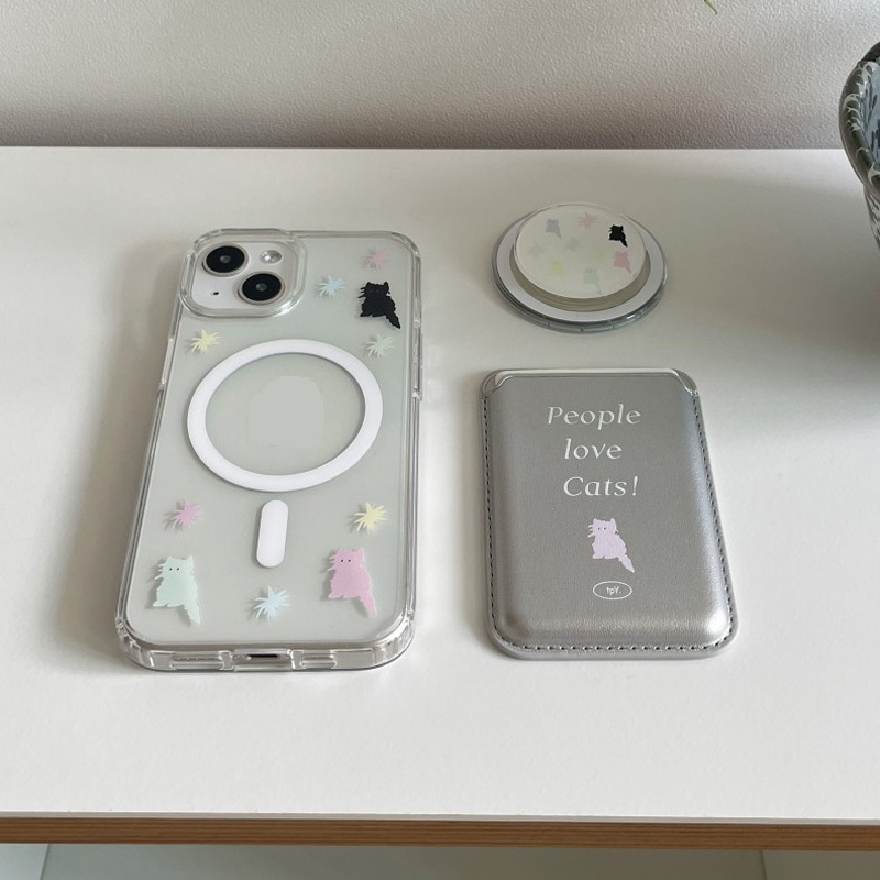 เกาหลี ins ออกแบบน่ารักที่มีสีสันแมวผู้ถือบัตรกรณีแม่เหล็กสําหรับ iphone16/15pro/14promax/13/12/11 เคสโทรศัพท์