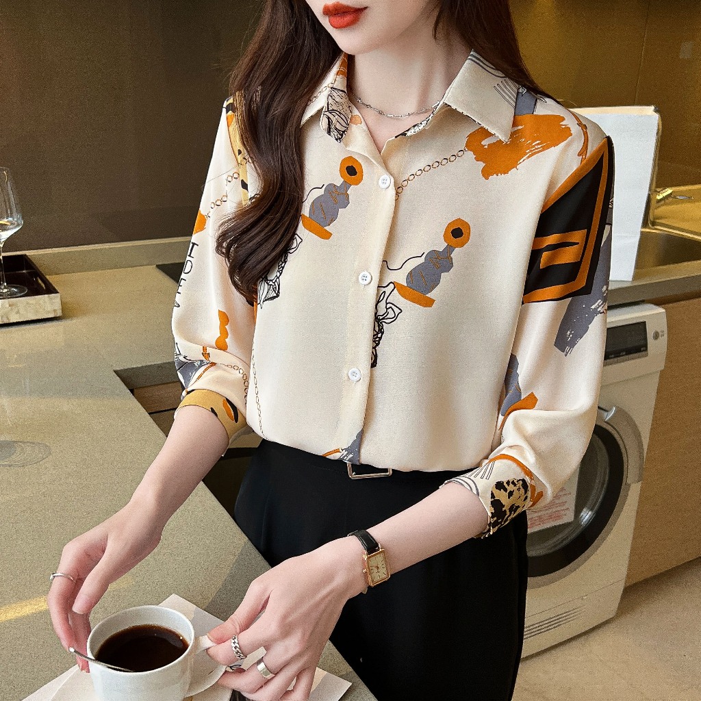 คลังสินค้าพร้อมเสื้อแขนยาวผู้หญิงพร้อมเสื้อเชิ้ตปกหลวม kemeja perempuan