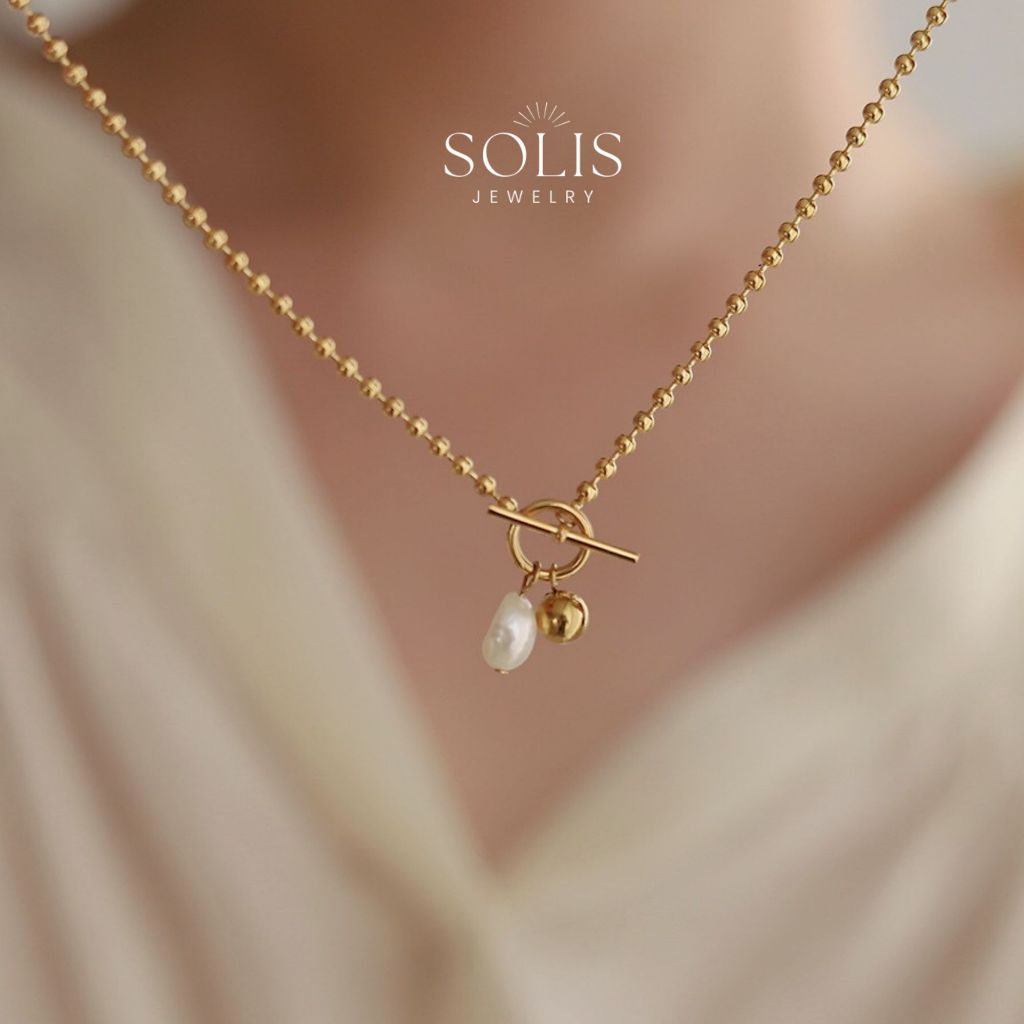 SOLIS จี้ลูกปัดมุกน้ำจืดธรรมชาติ OT สร้อยคอโซ่หัวเข็มขัด • กันน้ำไม่ทำให้เสื่อมเสียเครื่องประดับ • ชุบทอง 18K 316L สแตนเลสไทเทเนียมสร้อยคอเหล็กสำหรับผู้หญิง NL188