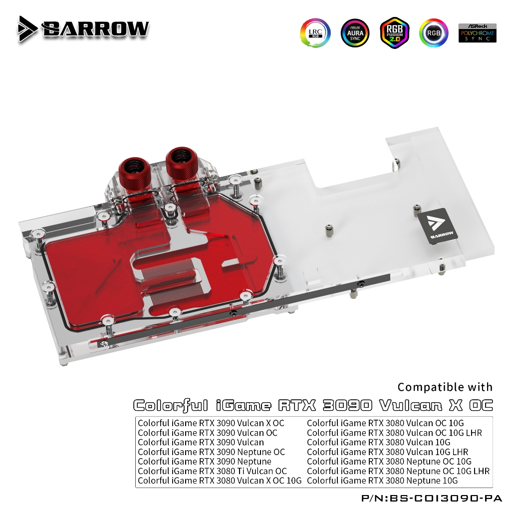 Barrow บล็อกน้ํา สําหรับ iGame RTX 3080 TI 3090 Vulcan X OC/Neptune OC GPU Card Full Cover Copper Radiator BS-COI3090-PA