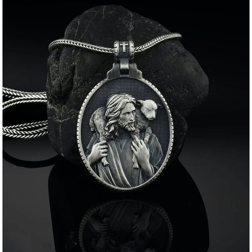 Pastor Jesus Christ และ Lamb Christ สร้อยคอ Shepherd Jesus สร้อยคอจี้ผู้ชายดีบุกบริสุทธิ์ไม่จางหายอุ