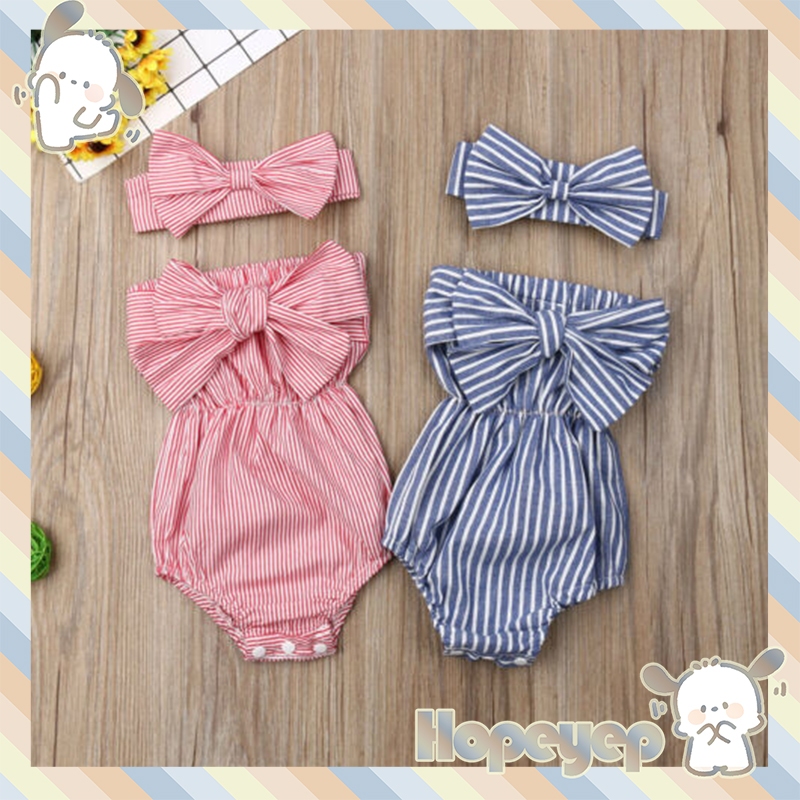 Zjtjj- ชุดจั๊มสูทรอมเปอร์ แขนกุด ลายทาง ประดับโบว์ และที่คาดผม สําหรับเด็กทารกแรกเกิดผู้หญิง 2 ชิ้น