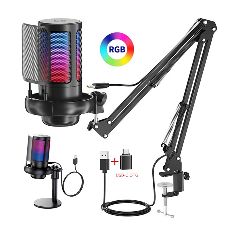 ไมโครโฟนเกมมิ่ง USB พร้อมแขนบูม สําหรับ Mac PS4 PS5 พร้อมลูกบิดไฟ RGB สําหรับสตรีมมิ่งพอดคาสต์ YouTube