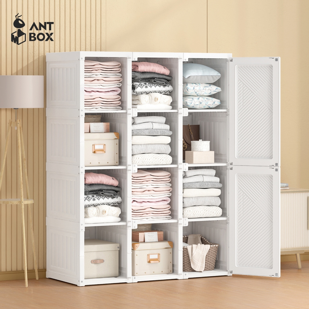 ANTBOX [พร้อมส่ง!!] ตู้เสื้อผ้าเอนกประสงค์ 12 ช่อง 710L ประตูสีขาวทึบ สไตล์มินิมอล ติดตั้งง่าย พับเก็บได้ สไตล์โมเดิร์น เหมาะกับการแต่งห้องทุกสไตล์