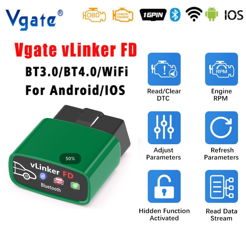 [Vgate] เครื่องสแกนเนอร์ vLinker FD+ ELM327 OBD 2 สําหรับ Ford wifi บลูทูธ 3.0 4.0 OBD2 J2534 PK ELM