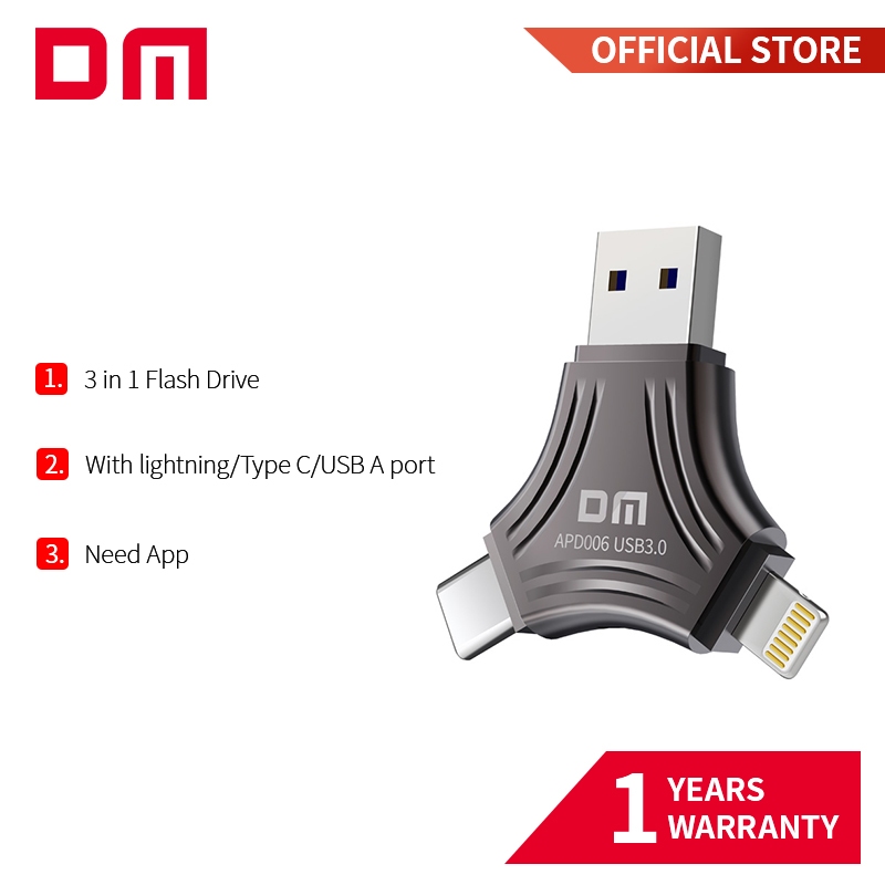 Dm 3 in 1 แฟลชไดรฟ์ USB สําหรับสมาร์ทโฟน iPhone และ Type C Mac APD006