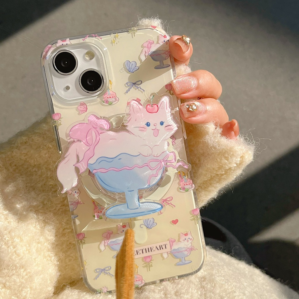 เคสโทรศัพท์มือถือ ป้องกันกระแทก ลายไอศกรีม แมวน่ารัก แบบแม่เหล็ก สําหรับ Apple Iphone รุ่น 12 13 14 15 ultra Pro Max