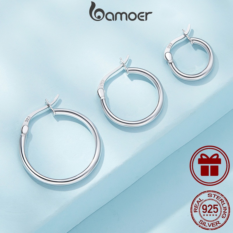 Bamoer ต่างหูเงินแท้ 925 ขนาดใหญ่ เรียบง่าย สามเส้นผ่าศูนย์กลาง เครื่องประดับแฟชั่น สําหรับผู้หญิง