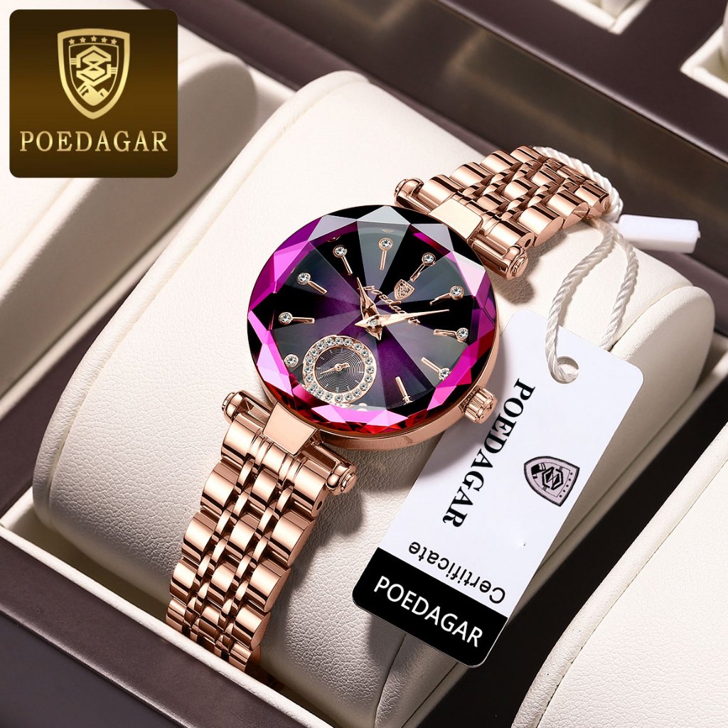 POEDAGAR นาฬิกาผู้หญิง กันน้ำ สายนาฬิกาสแตนเลสสตีลสีทอง หน้าปัดเพชร มีสไตล์และสง่างาม นาฬิกาควอตซ์ผู้หญิง