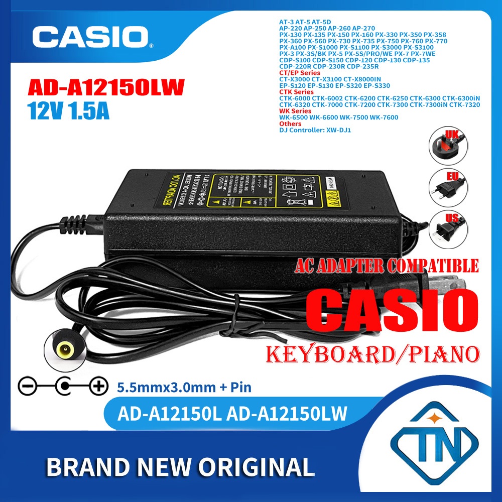 อะแดปเตอร์พาวเวอร์ซัพพลายเปียโนคีย์บอร์ด 12V 1.5A AD-A12150LW AC DC สําหรับ Casio CTK-6000 CTK-6002 CTK-6200 CTK-6250 CTK-6300iN CTK-6320
