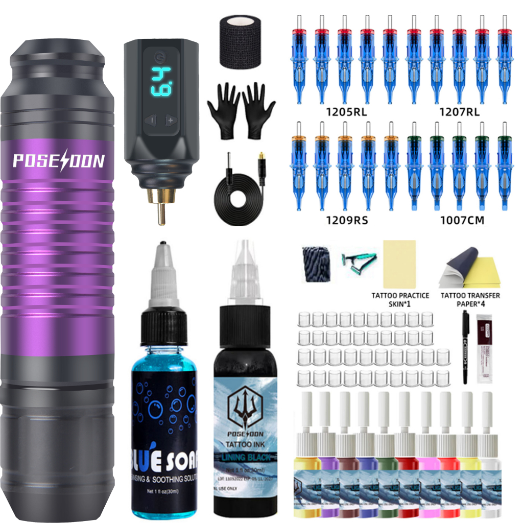 Poseidon ชุดปากกาสัก แบบครบชุด พร้อมเข็มสัก 20 ชิ้น และหมึกสัก สีฟ้า