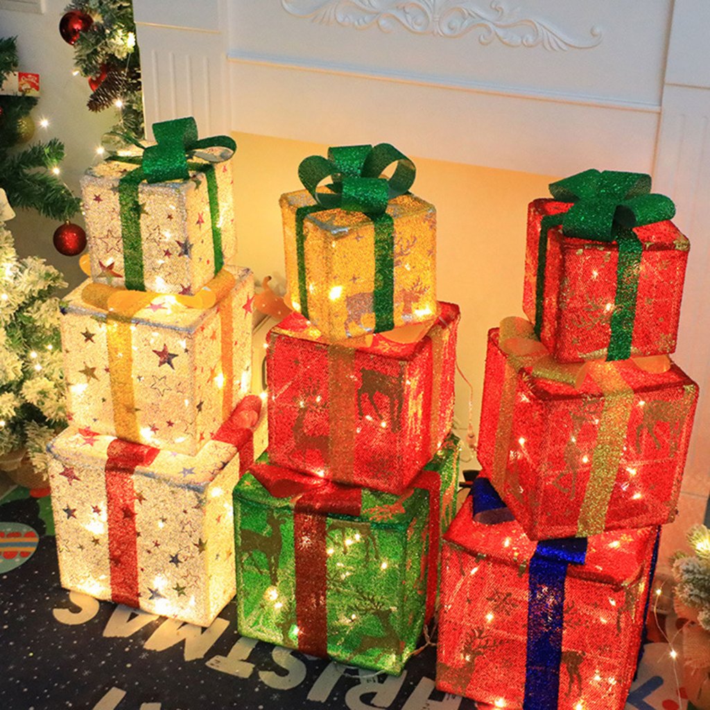 [Dolity2] 3 ชิ้น  ชุดกล่องไฟคริสต์มาส พร้อมไฟ สําหรับตกแต่งคริสต์มาส เหมาะสำหรับกลางแจ้ง ในร่ม ลาน ปาร์ตี้วันหยุด งานเลี้ยงครบรอบ สำนักงาน ร้านอาหาร