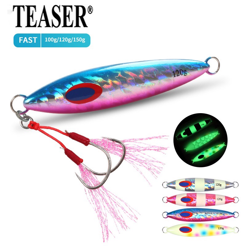 TEASER【J32】100g 120g แบน Micro โลหะ Jigs Sinking Slow Jigging Lure ปลาหมึก Assist Hooks น้ําเค็ม Luminous เหยื่อตกปลา