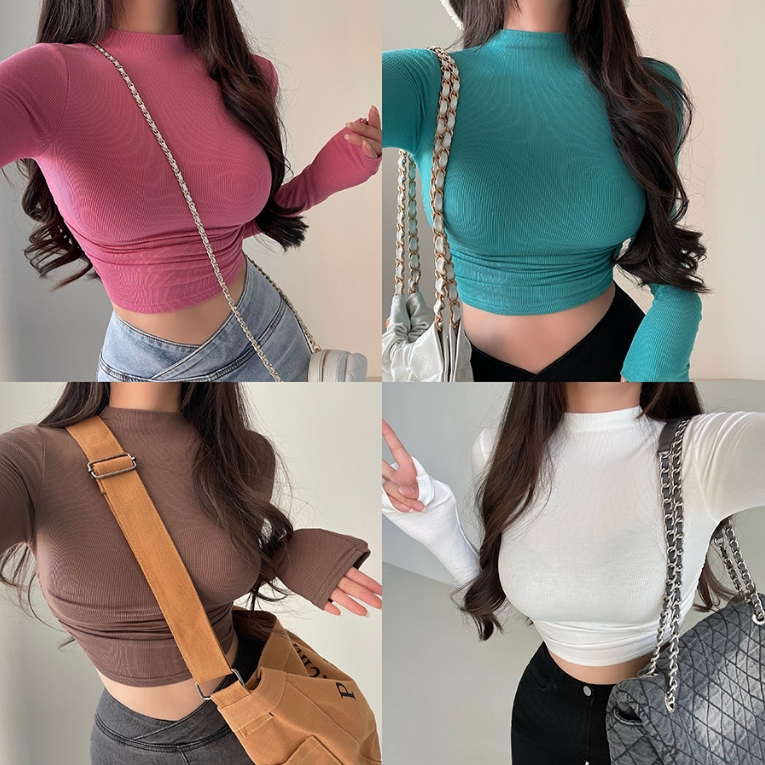 [HSNE] เสื้อครอปท็อปแขนยาว คอกลม คอเต่า สีพื้น สไตล์เรโทร แฟชั่นฤดูใบไม้ร่วง สําหรับผู้หญิง