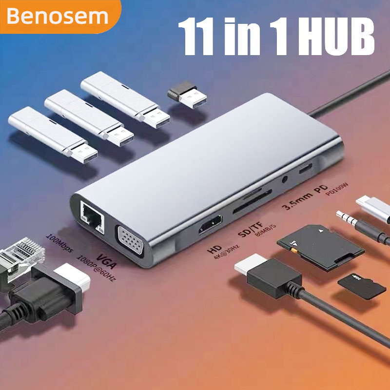 อะแดปเตอร์ฮับ BENOSEM เป็น HDMI พร้อม USB 3.0 VGA PD RJ45 Lan TF SD Type C เป็นฮับ USB C สําหรับ Samsung Huawei โทรศัพท์ แท็บเล็ต