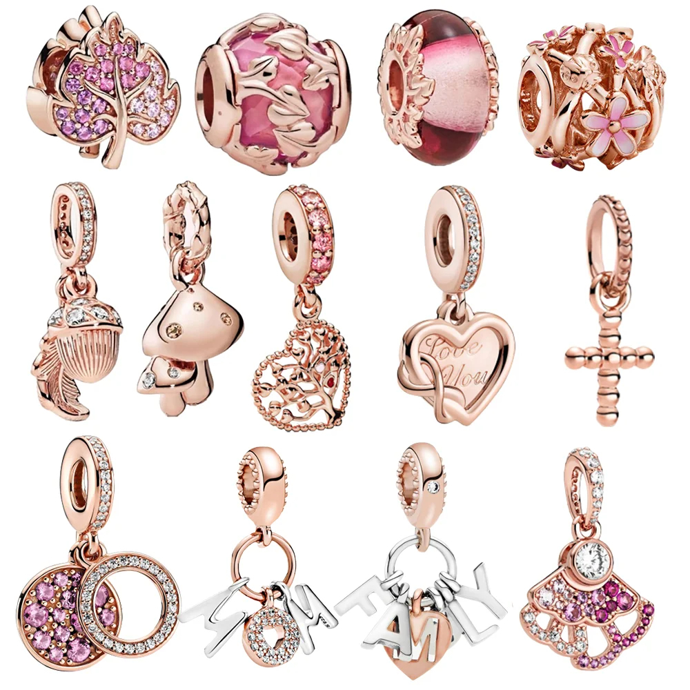 ใหม่ 925 เงินสเตอร์ลิง 2023 Acquire Charm ดอกไม้สีชมพู Love Cross เห็ด series Charm ลูกปัดผู้หญิง DI