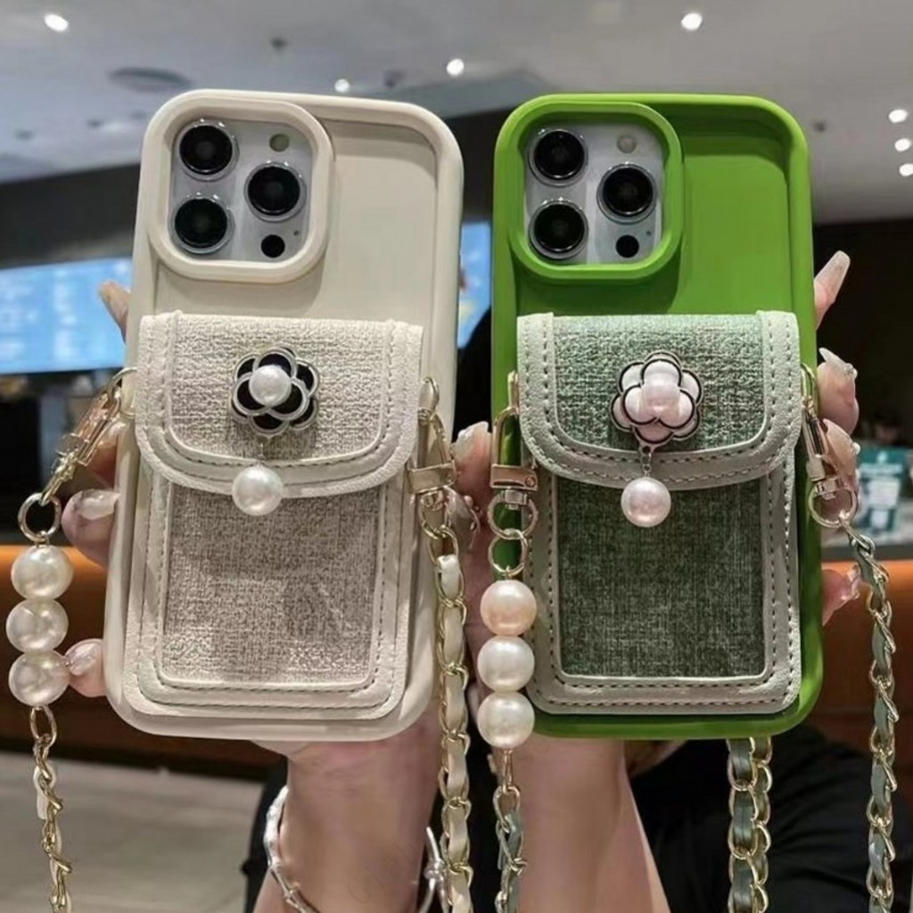 เคสโทรศัพท์มือถือ พร้อมกระเป๋าสตางค์ และสายคล้อง ประดับไข่มุก สําหรับ iphone 15 14 X XR XS 11 13 Pro Max 12 Pro 7 8 Plus
