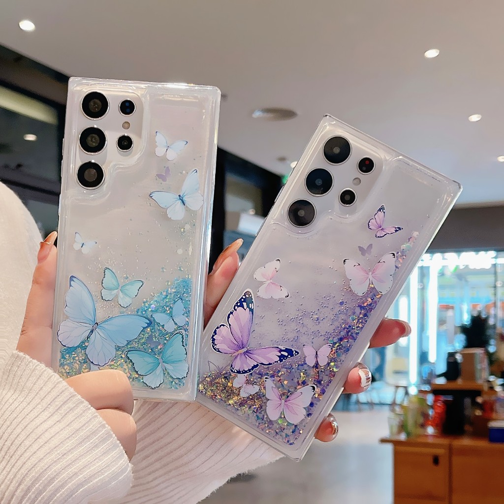 ใหม่ แสงกลางคืน ผงแฟลช ทรายดูด สีสัน ผีเสื้อ เคส Samsung Galaxy S25Ultra S24FE S24 Ultra S23 Ultra S23FE S22 Ultra S21FE S22 S23 S24 S25 Plus + Case ใหม่ น่าสนใจ ทรายดูดของเหลว ป้องกันการหล่น นุ่ม เคส
