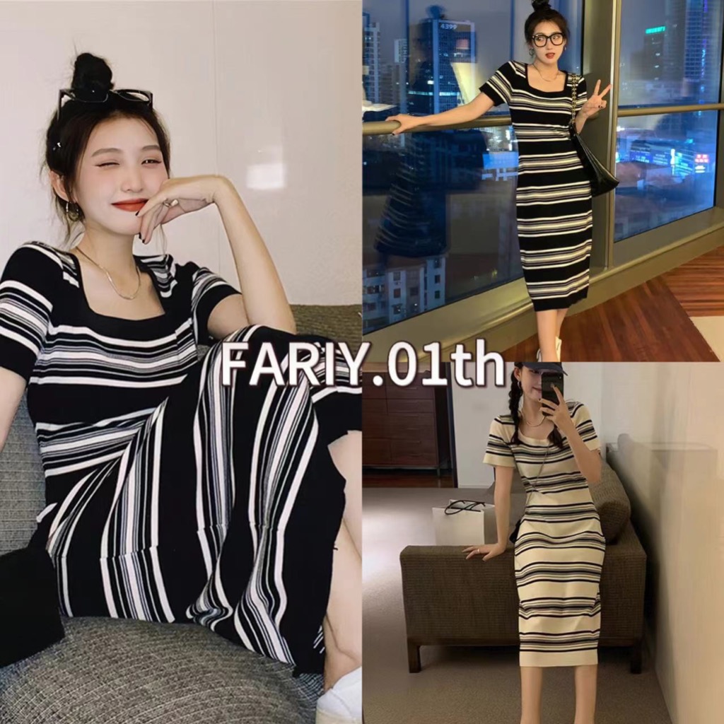 Fairy🍒ชุดเดรสถักแขนสั้นลายทางของผู้หญิงใหม่สไตล์เกาหลีสไตล์ขี้เกียจสวมใส่ด้านนอกกระโปรงยาวปานกลางอิน