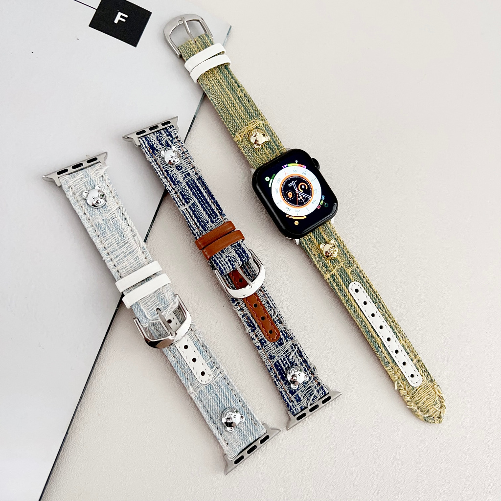 สายนาฬิกาข้อมือ สายหนัง ผ้ายีน สําหรับ Apple Watch 9 8 Ultra 7 6 SE 5 4 3 2 1