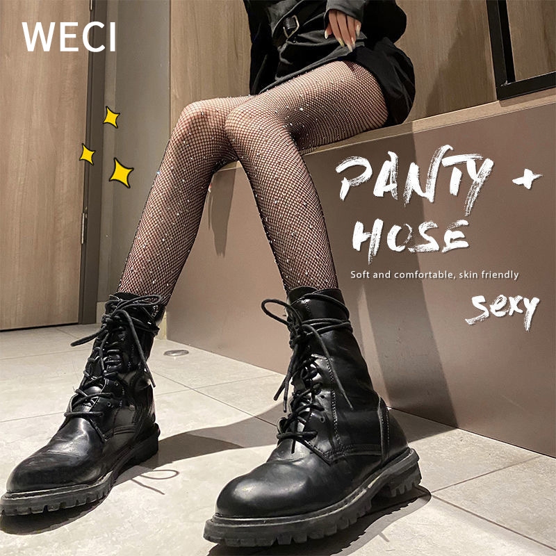 Weci ถุงน่องตาข่ายไนล่อน ประดับเพชร หลากสี เซ็กซี่ แฟชั่นสําหรับผู้หญิง