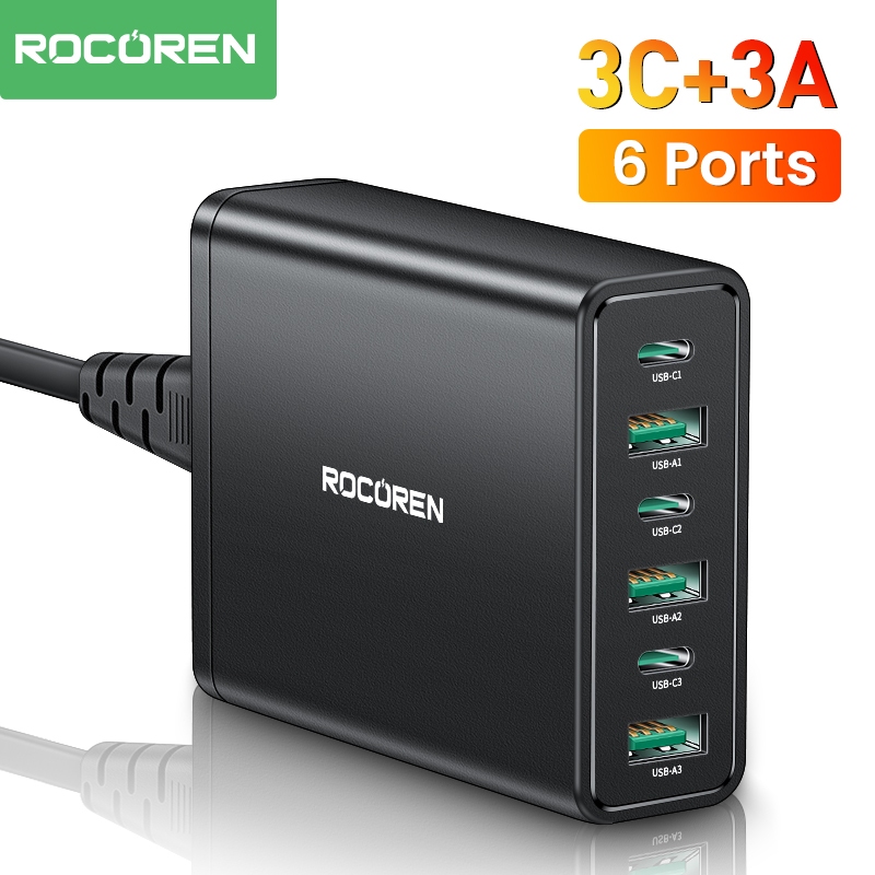 Rocoren ที่ชาร์จ USB C 60W 6 พอร์ต สําหรับ iPhone iPad Xiaomi Huawei Samsung
