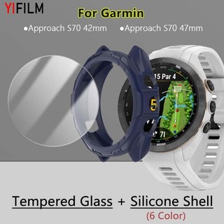 กระจกนิรภัย + เคส TPU นิ่ม สําหรับ Garmin Approach S70 42 มม. 47 มม. นาฬิกา แบบเต็ม ฟิล์มกันรอยหน้าจอ ซิลิโคนเหลว เคส