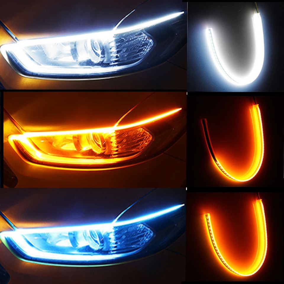 แถบไฟเลี้ยว LED DRL 12V กันน้ํา ยืดหยุ่น สีเหลือง สําหรับตกแต่งรถยนต์ 2 ชิ้น