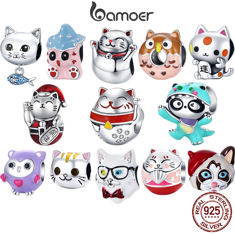 Bamoer จี้เงินสเตอร์ลิง 925 รูปสัตว์ แมวน่ารัก เครื่องประดับ สําหรับสร้อยข้อมือ DIY