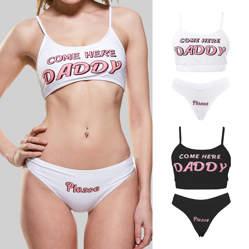 Pink- Women Fashion Sexy Sets สองชิ้นผู้หญิงตัวอักษรพิมพ์ชุดนอนชุดเซ็กซี่ชุดชั้นใน + กางเกง
