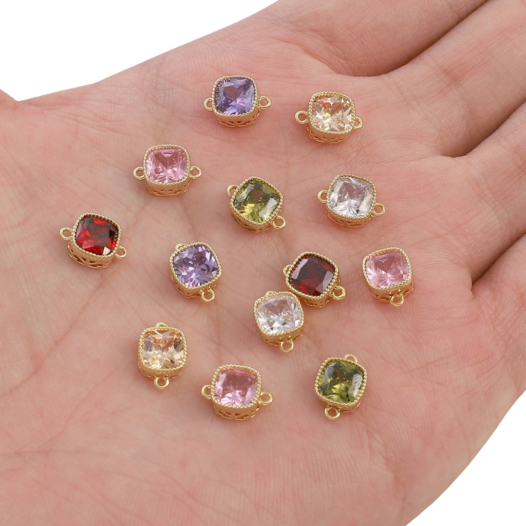 จี้สร้อยคอ สร้อยข้อมือ ชุบทอง 14k ประดับเพทาย ทรงสี่เหลี่ยม สองรู DIY