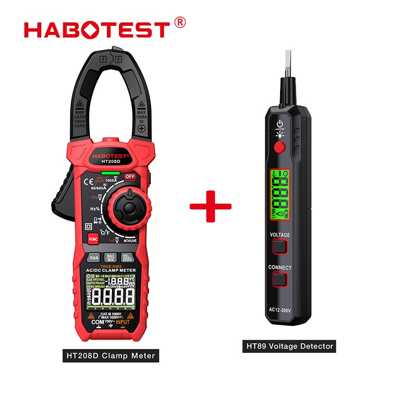 Habotest HT208D+HT89 แคลมป์มิเตอร์ดิจิทัล Pro 1000A 1000V AC DC คีม True RMS แอมมิเตอร์ โวลต์มิเตอร์
