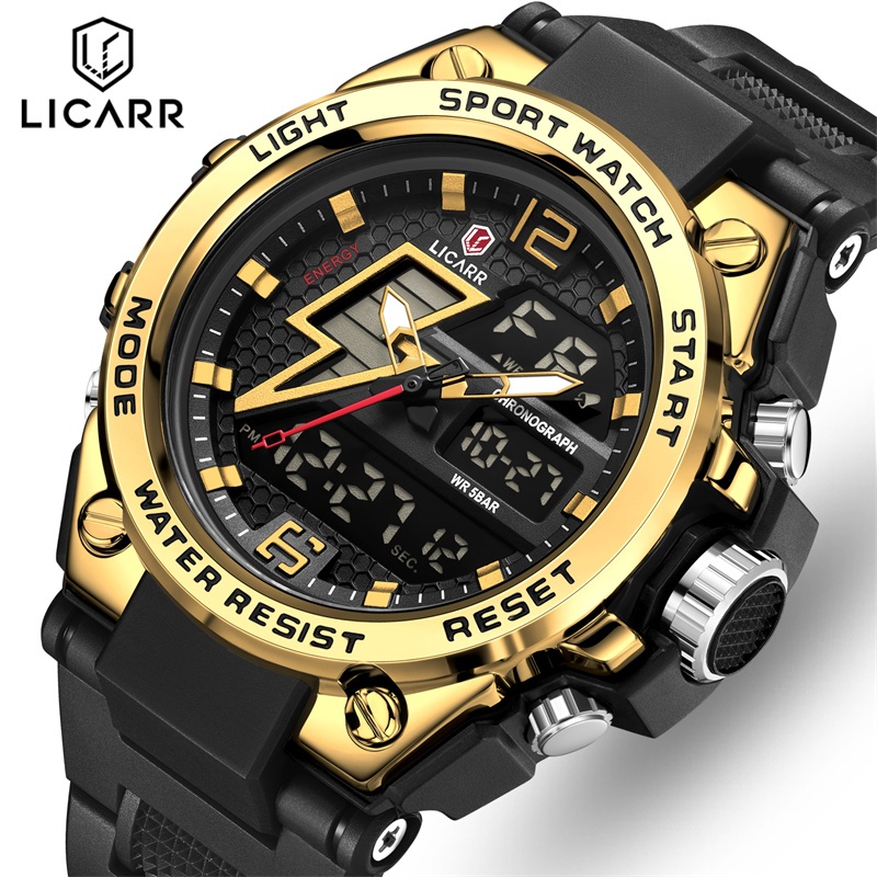 Licarr แบรนด์แฟชั่น นาฬิกาผู้ชาย ของแท้ ลําลอง ทหาร กีฬา เบา นาฬิกาผู้ชาย จอแสดงผลคู่ วันที่ กันน้ํา นาฬิกาปลุก