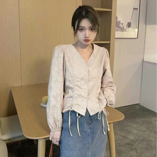 เกาหลีผู้หญิงแฟชั่นเชือกรูดบางแขนยาวสุภาพสตรีโวลต์คอปกเสื้อ เสื้อผู้หญิง เสื้อผู้หญิง