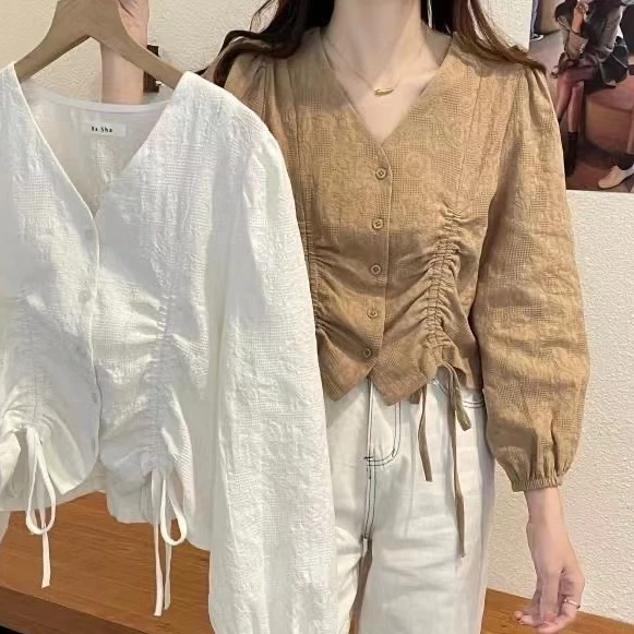 เกาหลีผู้หญิงแฟชั่นเชือกรูดบางแขนยาวสุภาพสตรีโวลต์คอปกเสื้อ เสื้อผู้หญิง เสื้อผู้หญิง