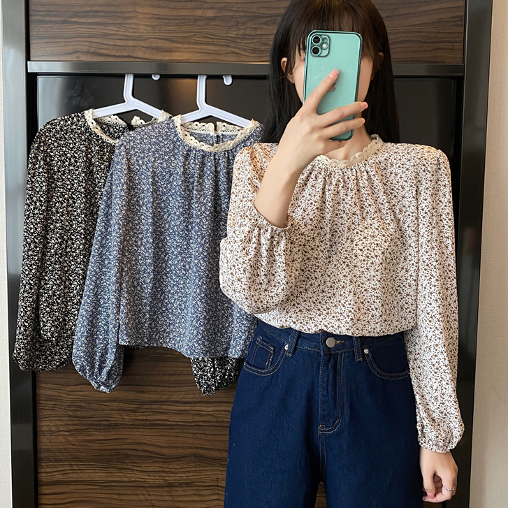 เกาหลีผู้หญิงแฟชั่นหลวมแขนยาวสุภาพสตรีเสื้อคอกลมเสื้อลายดอกไม้ Baju Baju