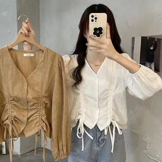 เกาหลีผู้หญิงแฟชั่นเชือกรูดบางแขนยาวสุภาพสตรีโวลต์คอปกเสื้อ เสื้อผู้หญิง เสื้อผู้หญิง