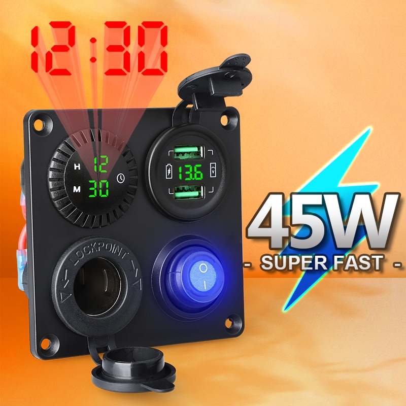 45w QC แผงสวิตช์ชาร์จในรถยนต์ แบบชาร์จเร็ว โวลต์มิเตอร์ ซ็อกเก็ต USB คู่ 12V 4.2A ที่จุดบุหรี่ เปิด / ปิด Rocker 4 in 1 Camper Moto อะแดปเตอร์ไฟ