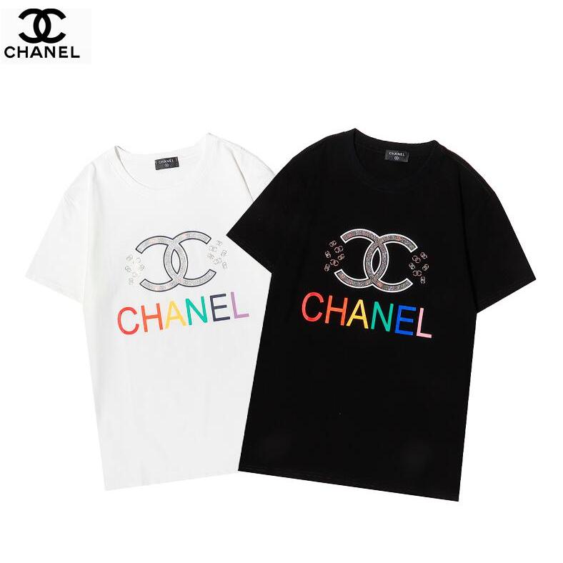Chanel เสื้อยืดลําลอง คอกลม แขนสั้น ผ้าฝ้ายแท้ พิมพ์ลายเพชร แฟชั่นสําหรับผู้ชาย และผู้หญิง
