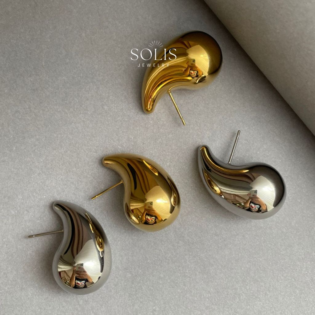 SOLIS หยดน้ําตาก้อน ต่างหูสตั๊ด ชุบทอง 18K สแตนเลส 316L ไทเทเนียม กันน้ํา ไม่แพ้ ไฮโปอัลเลอร์เจนิก ER351