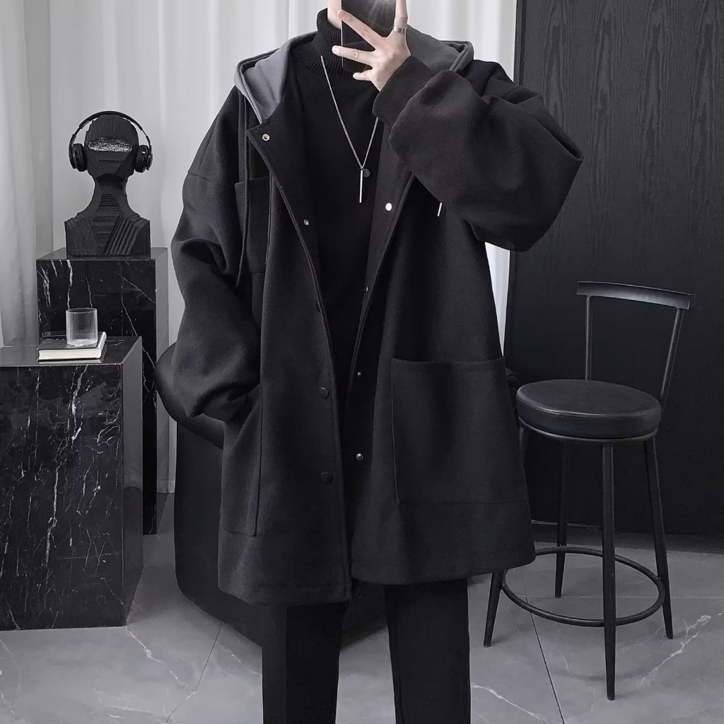 เสื้อโค้ท ผ้าขนสัตว์ แบบหนา ความยาวปานกลาง มีฮู้ด สไตล์อังกฤษ แฟชั่นฤดูหนาว สําหรับผู้ชาย