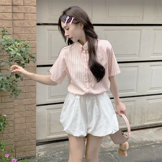 Rommers เสื้อเชิ้ตแขนสั้น ลายทาง สีชมพูน่ารัก สไตล์เกาหลี สําหรับผู้หญิง