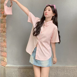Rommers เสื้อเชิ้ตแขนสั้น ลายทาง สีชมพูน่ารัก สไตล์เกาหลี สําหรับผู้หญิง