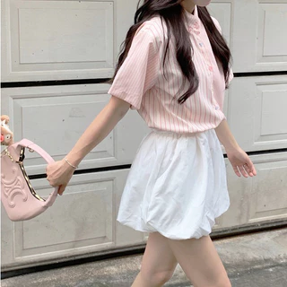 Rommers เสื้อเชิ้ตแขนสั้น ลายทาง สีชมพูน่ารัก สไตล์เกาหลี สําหรับผู้หญิง