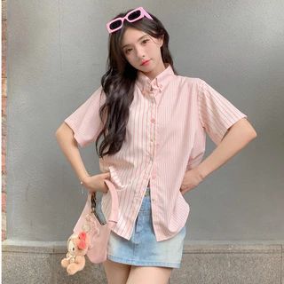 Rommers เสื้อเชิ้ตแขนสั้น ลายทาง สีชมพูน่ารัก สไตล์เกาหลี สําหรับผู้หญิง